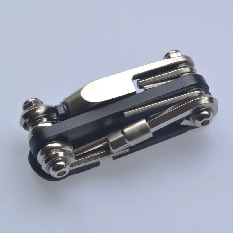 Chrome vanadium steel bicycle repair combination tool in black, red, yellow, and blue.