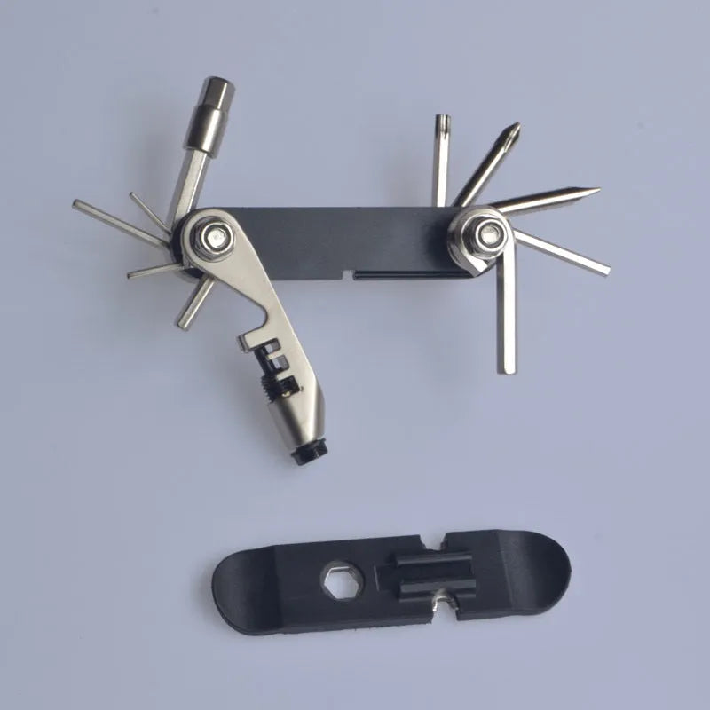 Chrome vanadium steel bicycle repair combination tool in black, red, yellow, and blue.