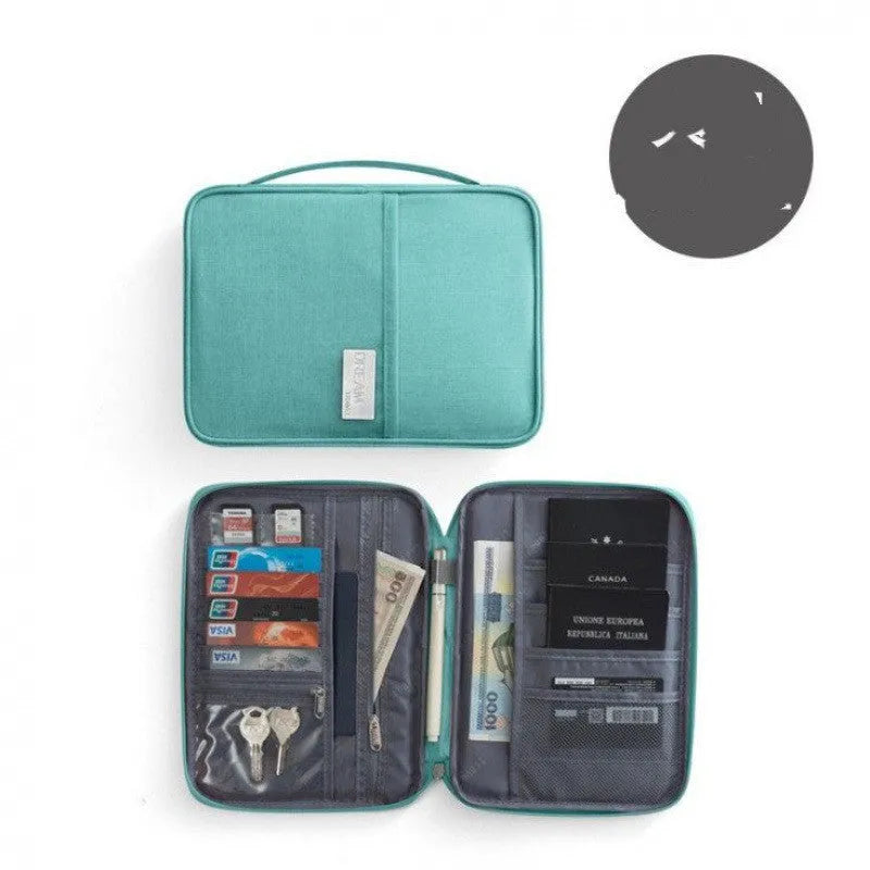 Waterproof cationic travel passport cover in navy blue, shown in small and large sizes.