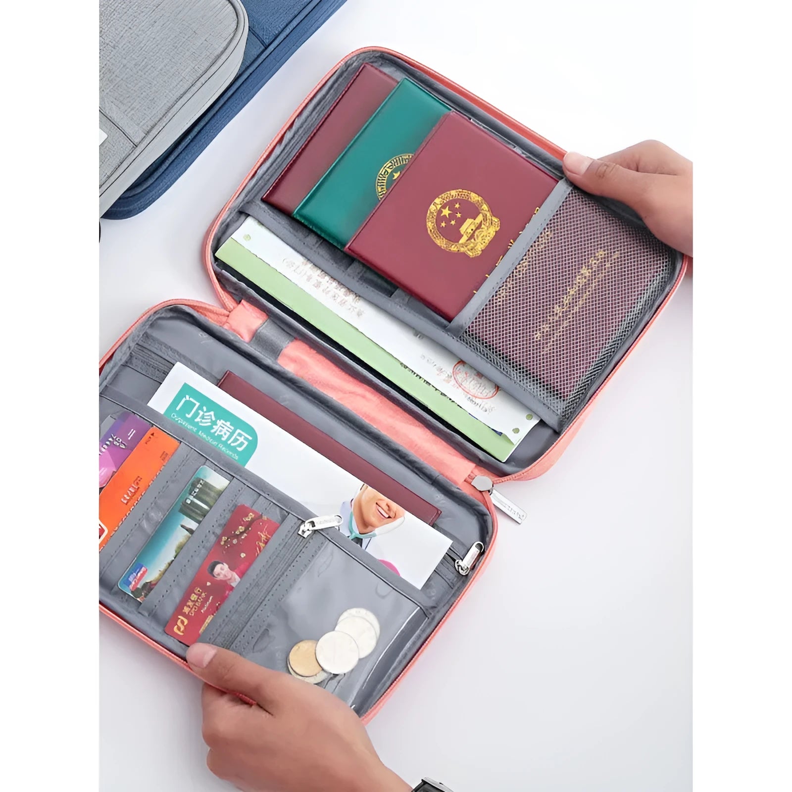 Waterproof cationic travel passport cover in navy blue, shown in small and large sizes.