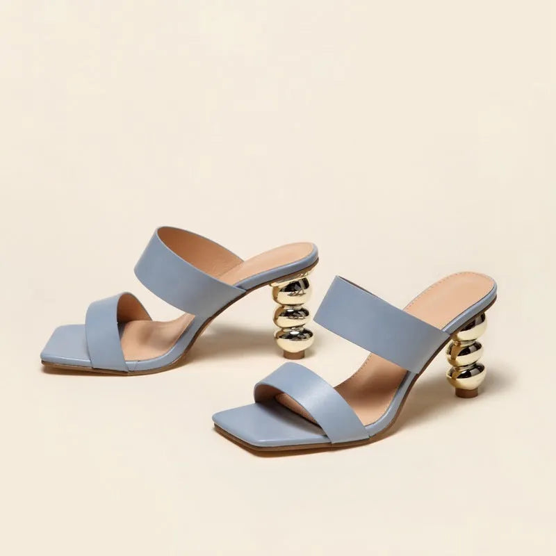 Summer women's electroplating heel sandals in apricot colour with high heels and metal accents