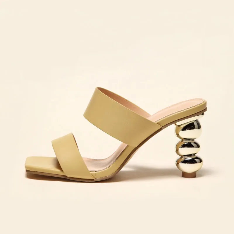 Summer women's electroplating heel sandals in apricot colour with high heels and metal accents