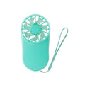 Hands-free wearable neck fan with dual blades and a lanyard, shown in multiple colour options on a table.