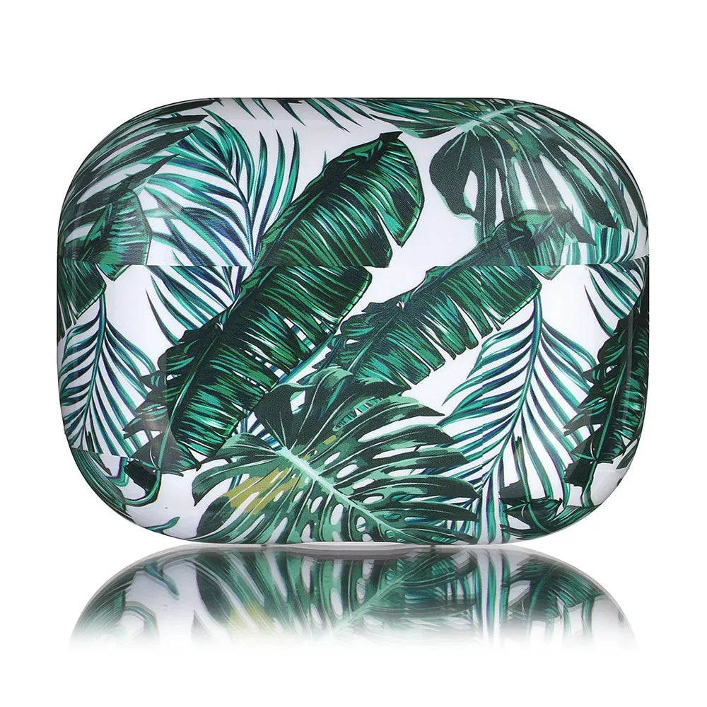 Blue and green tropical banana leaf patterned soft TPU case for Apple AirPods.