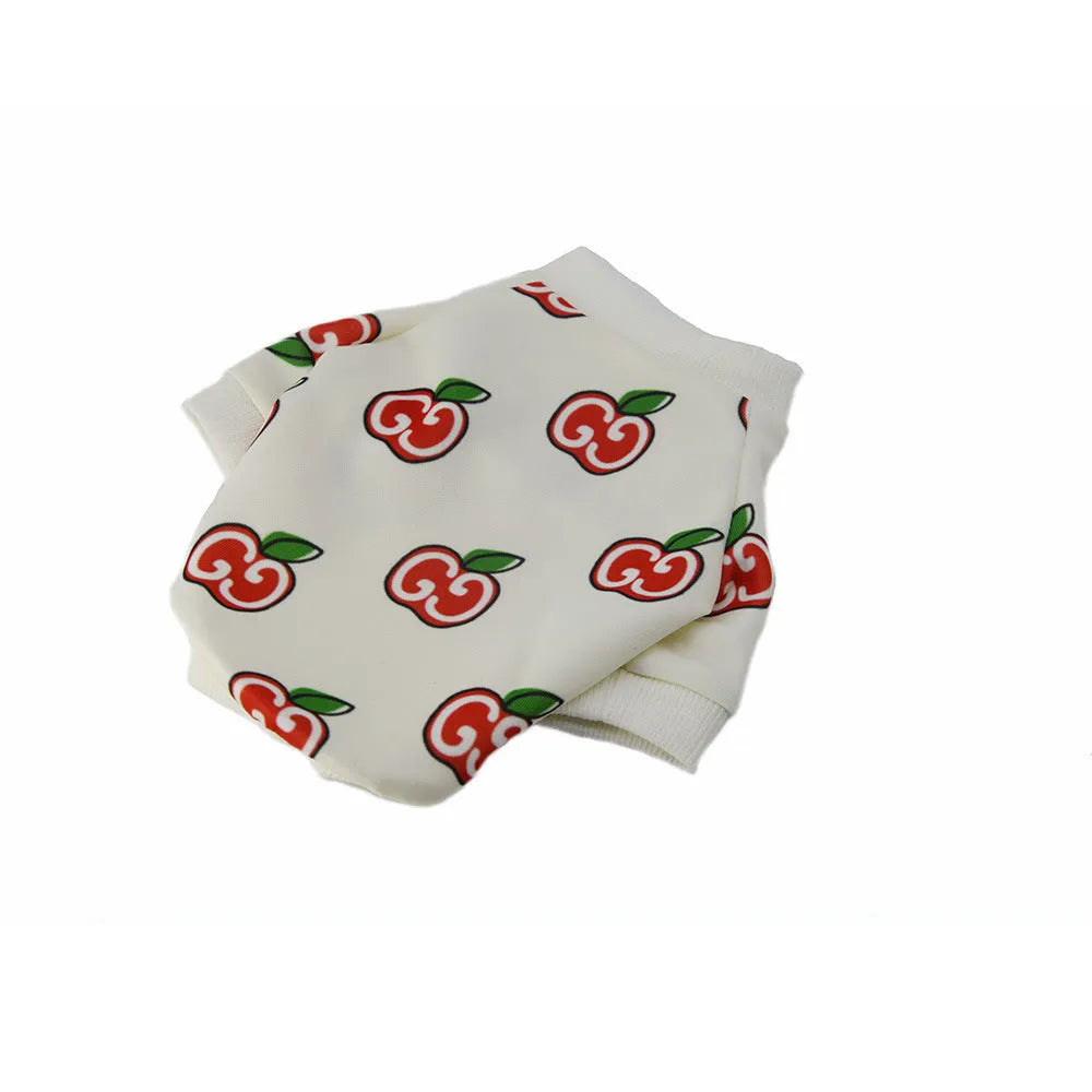 Two-legged dog clothing in polyester, shown in black or white, sizes XS to XXL and FB for Teddy dogs.