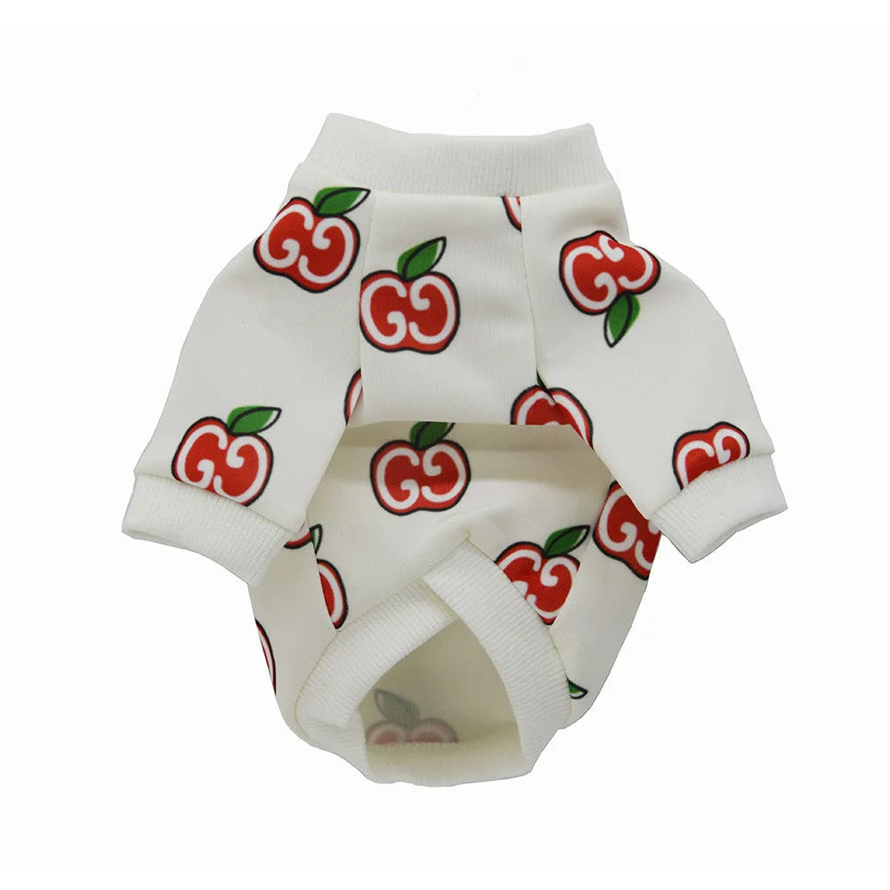 Two-legged dog clothing in polyester, shown in black or white, sizes XS to XXL and FB for Teddy dogs.