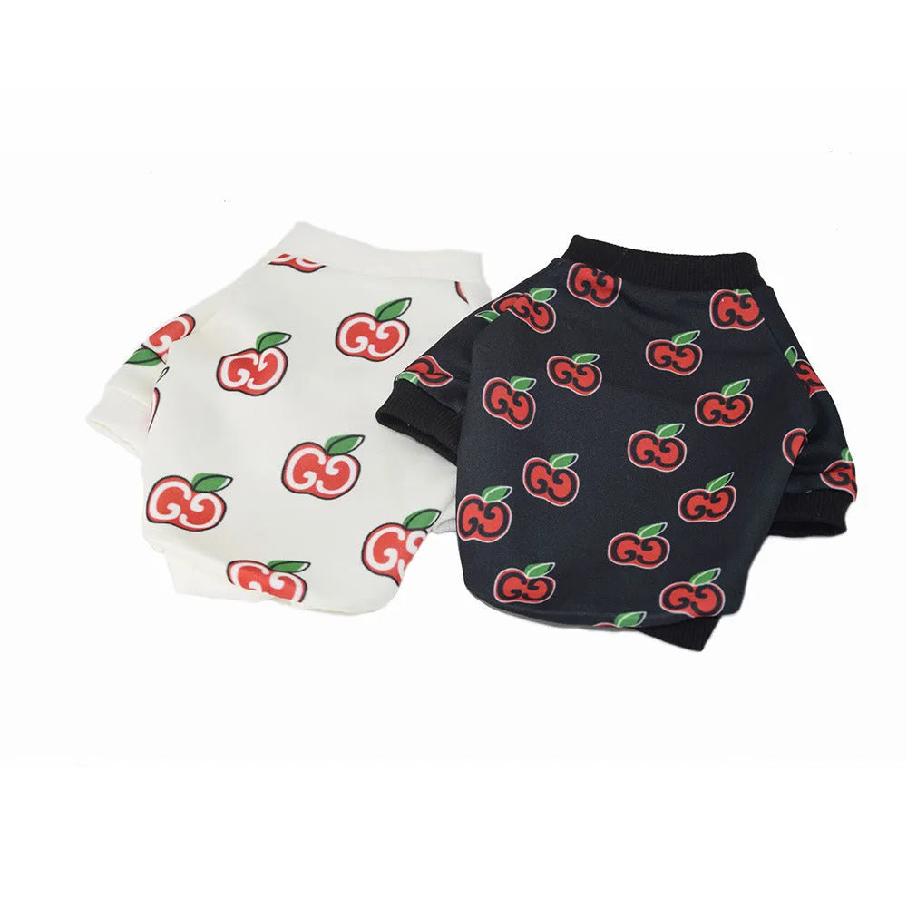 Two-legged dog clothing in polyester, shown in black or white, sizes XS to XXL and FB for Teddy dogs.