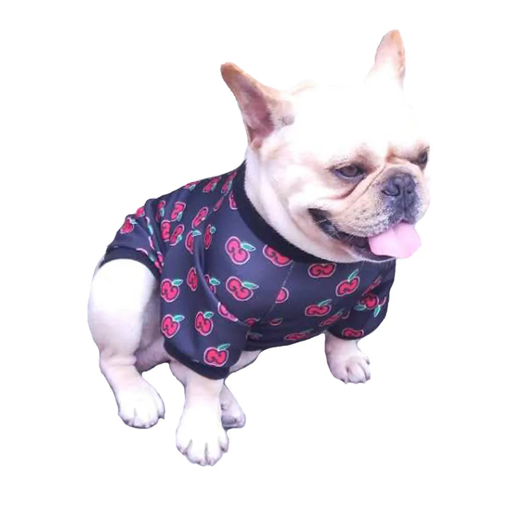 Two-legged dog clothing in polyester, shown in black or white, sizes XS to XXL and FB for Teddy dogs.