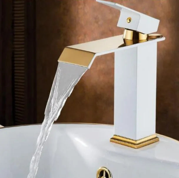 Black and gold waterfall basin faucet with induction sensor and brass construction