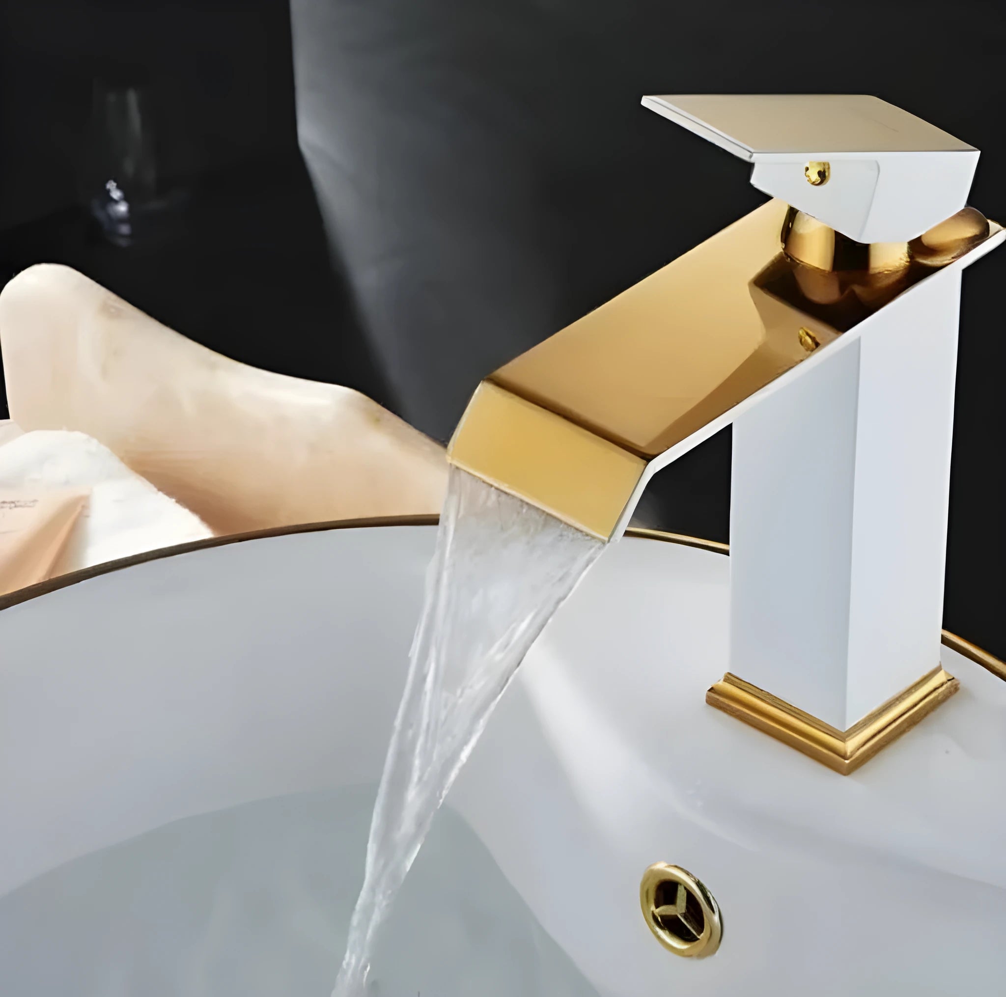 Black and gold waterfall basin faucet with induction sensor and brass construction