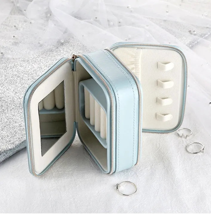 Portable PU leather jewellery box with three-layer storage in blue colour