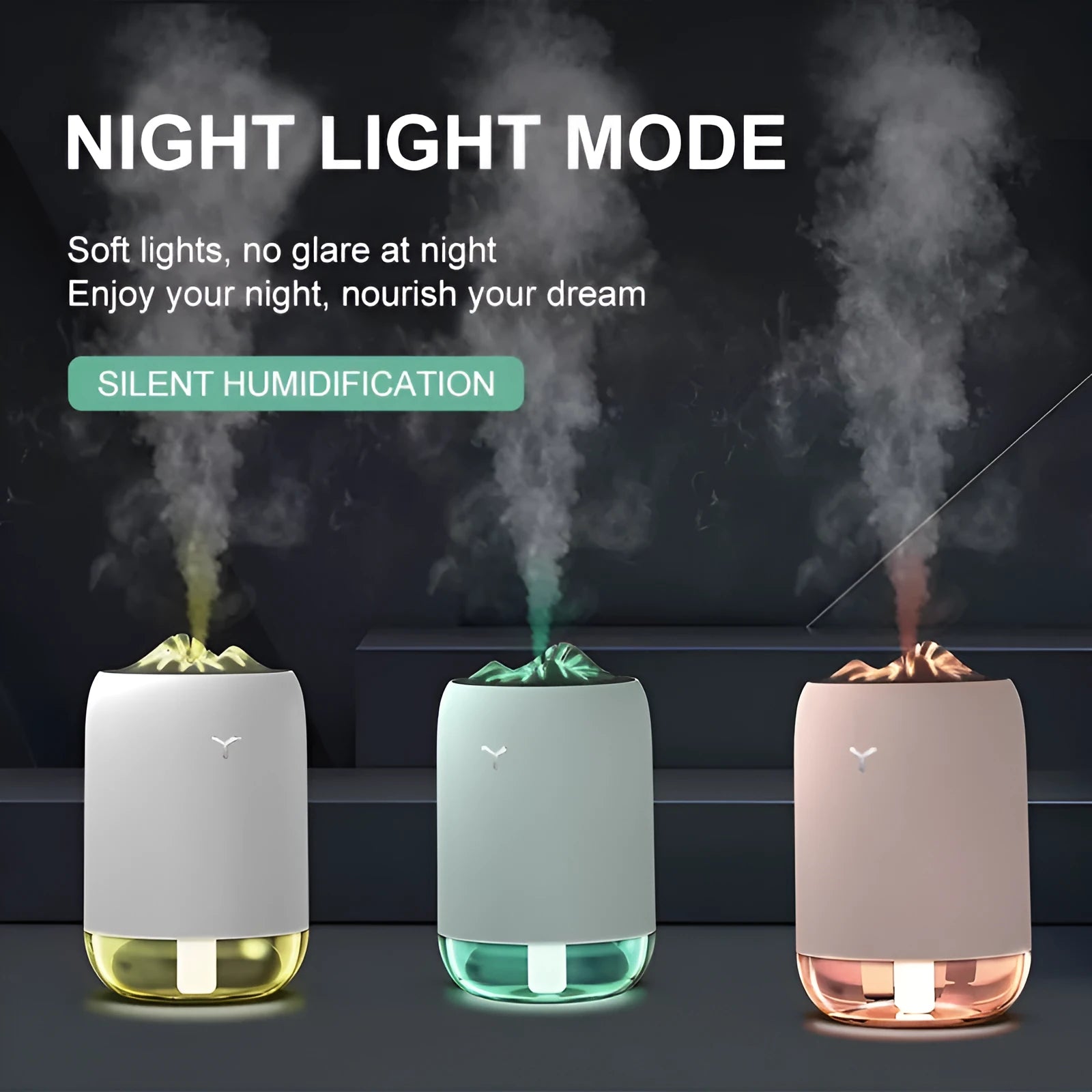 Mini USB ultrasonic humidifier 260ml with night light in turquoise green on a desk