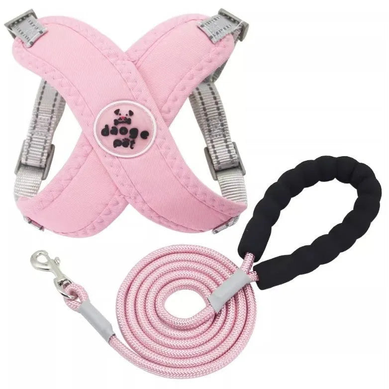Blue polyester dog harness vest with an attached hand-holding rope lead.