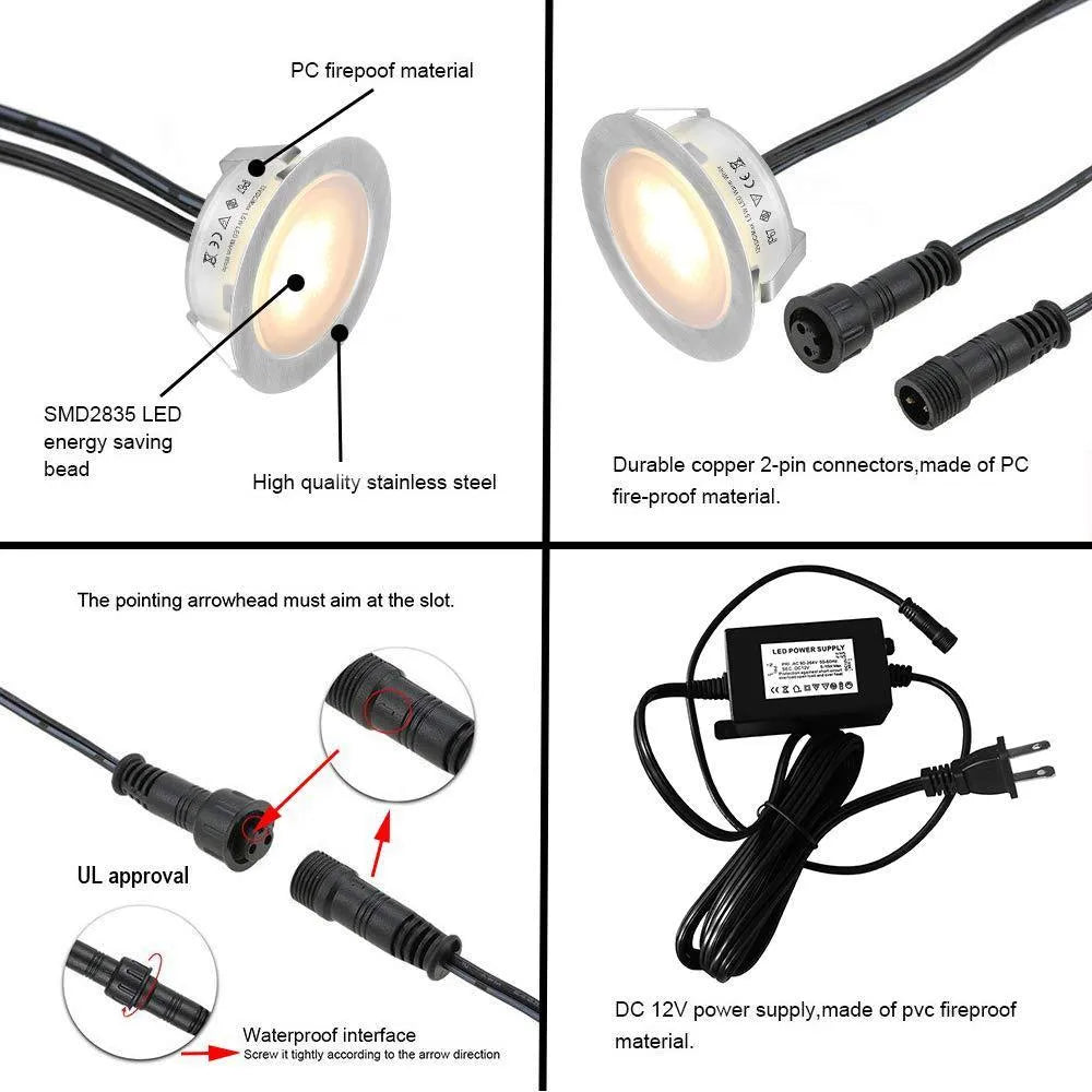 Six pack LED deck lights in stainless steel, 55 x 20 x 40mm, for garden steps and stairs