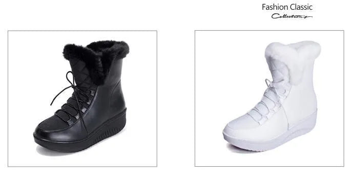 Black women's ankle winter boots with lace-up front, platform sole, and plush lining.