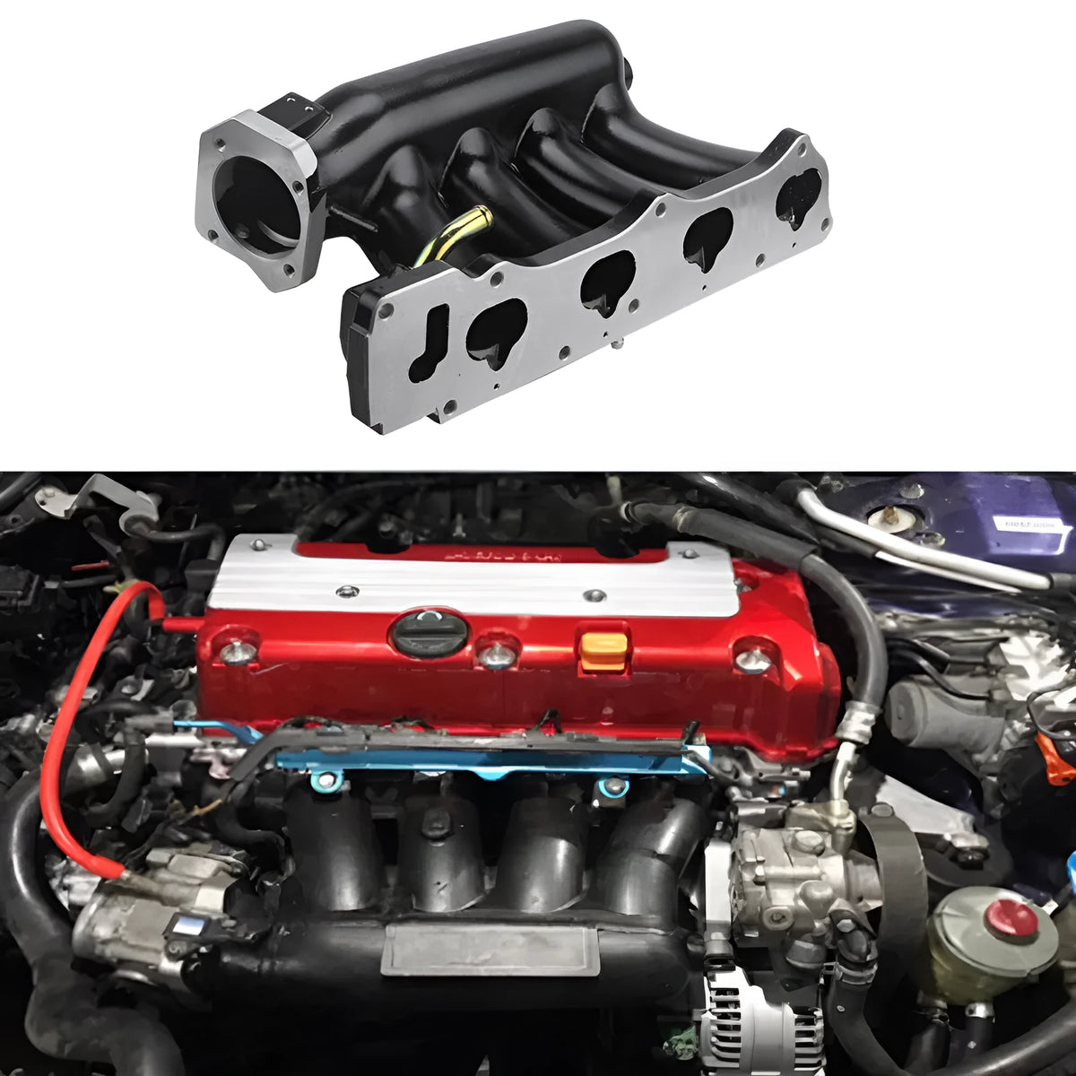 Cast aluminium intake manifold for Honda K series with 72mm throttle body opening, silver or black.