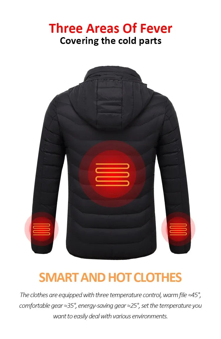Men's USB heated jacket with carbon fiber pads, 3-level control, polyester shell, available in black, blue, red