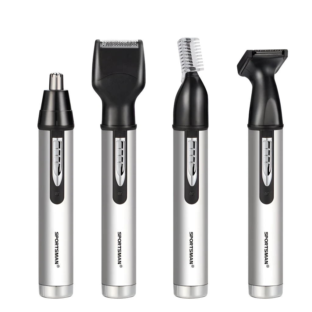 White male electric nose hair trimmer with charging base and four heads on a table