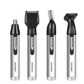 White male electric nose hair trimmer with charging base and four heads on a table