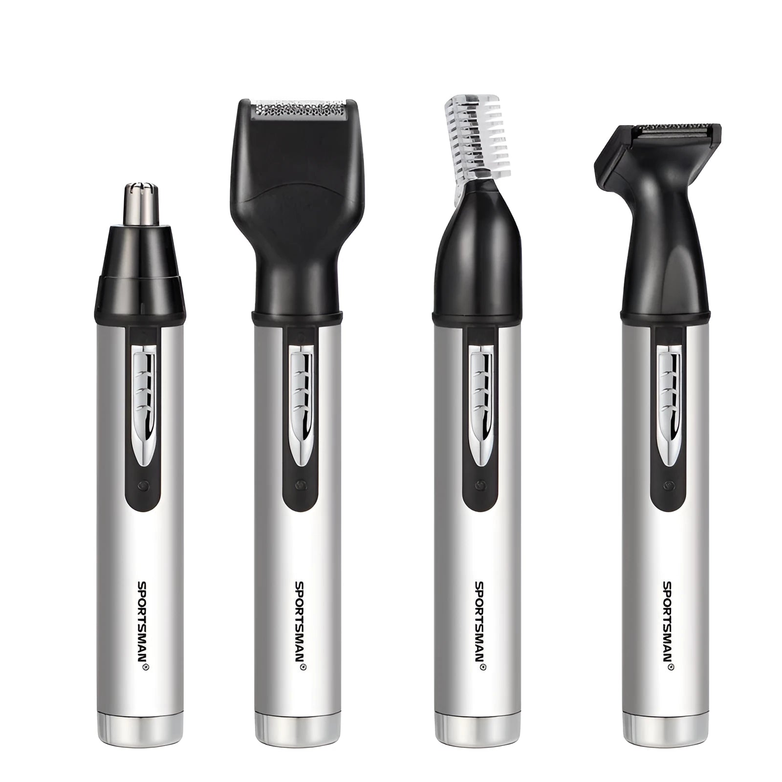 White male electric nose hair trimmer with charging base and four heads on a table