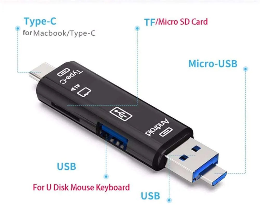 Black and white Type C to Micro USB OTG hub adapter with TF card reader slot