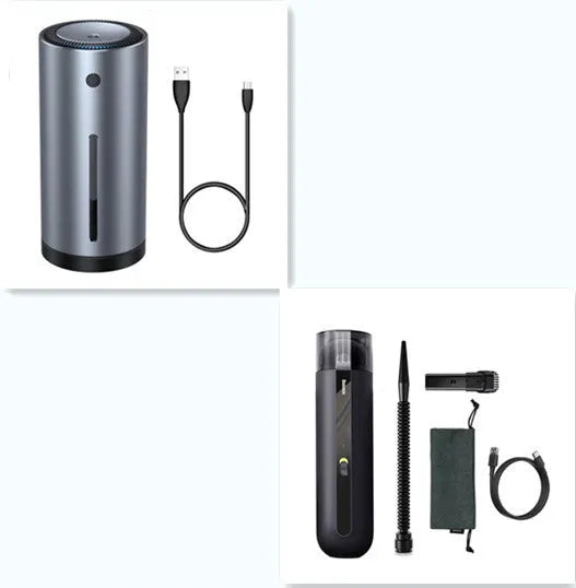Starry sky black handheld car vacuum cleaner with a blowing hose attachment on a car seat.