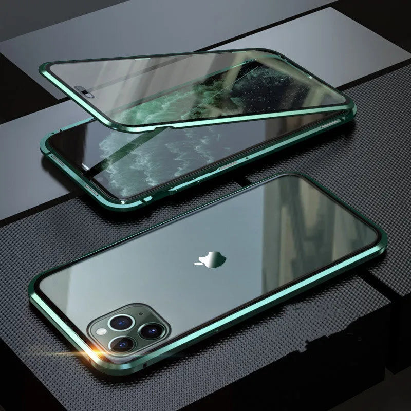 A closed clamshell phone case in blue glass with a geometric pattern, next to an iPhone showing the narrow viewing angle when open.