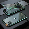 A closed clamshell phone case in blue glass with a geometric pattern, next to an iPhone showing the narrow viewing angle when open.