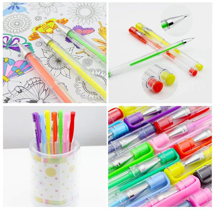 Set of 100 assorted colour gel pens and highlighter pens with plastic barrels on a white background.