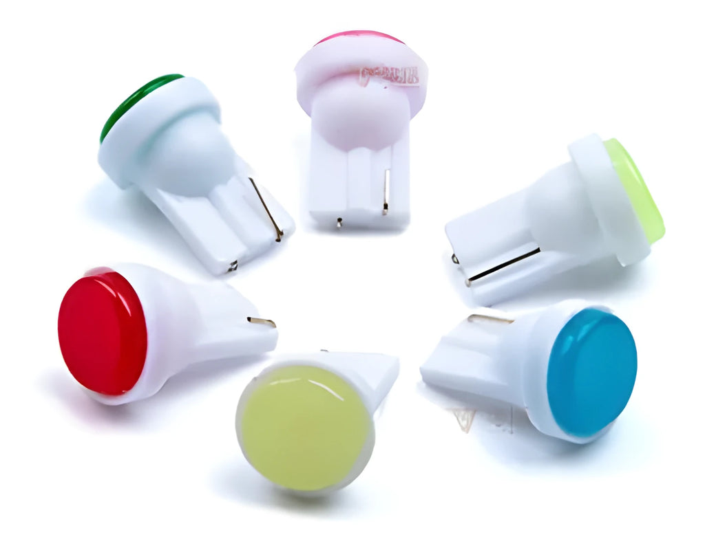 T10 12V COB LED car bulb showing six colour options: white, blue, red, purple, yellow, and green.