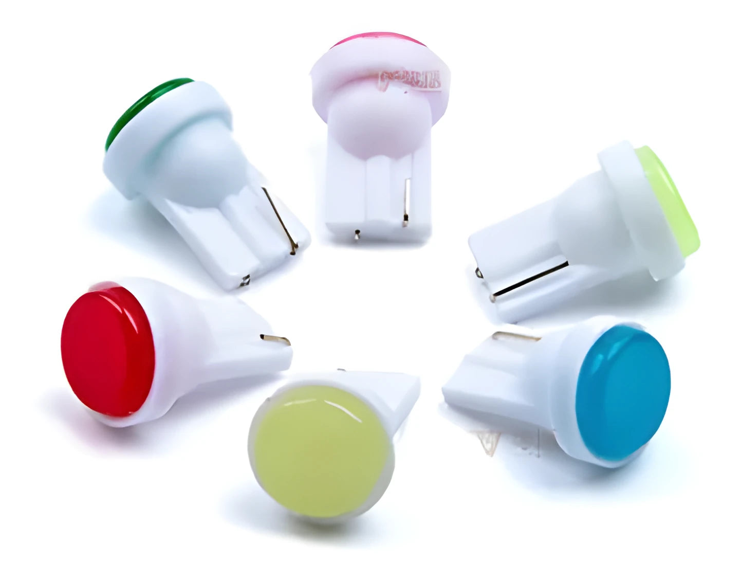 T10 12V COB LED car bulb showing six colour options: white, blue, red, purple, yellow, and green.