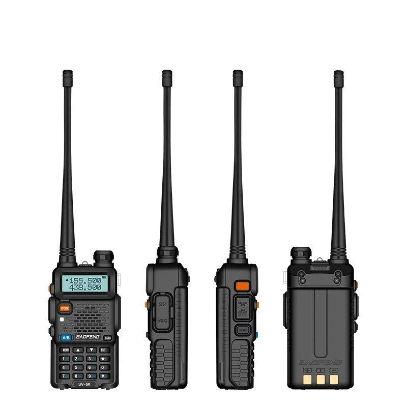 Baofeng UV5R black portable dual band walkie talkie with antenna, battery, charger, earpiece and clip