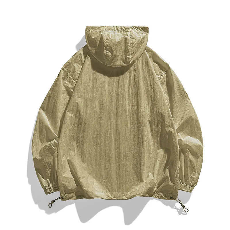 Lycra hooded sun protection jacket in light army green colour on a hanger