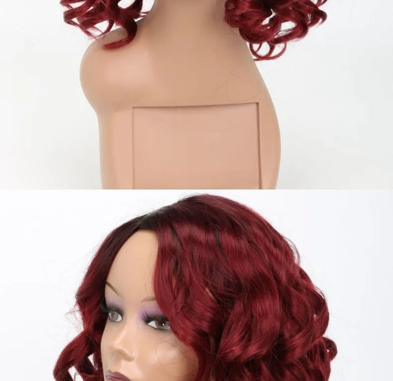 European Beauty wig headgear wine red 12inch full mechanism oblique bangs front view