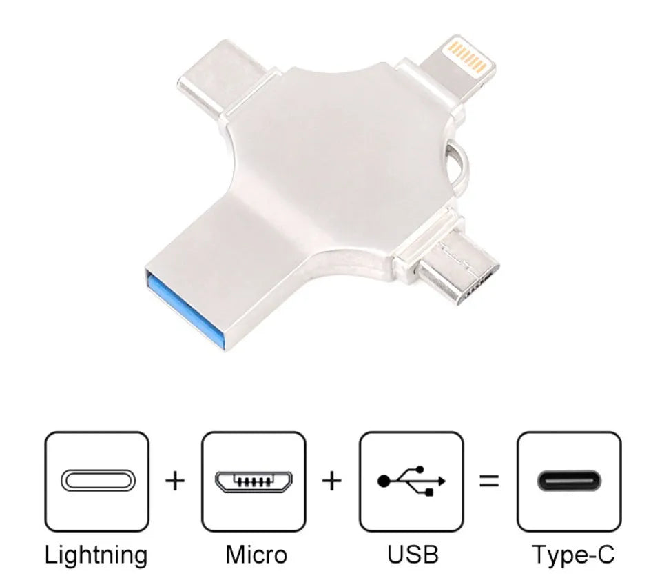 Silver metal 4-in-1 USB 3.0 flash drive with iOS, Micro USB, Type-C, and USB connectors for mobile phone and computer data transfer