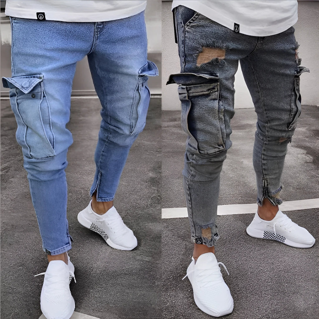 Cargo hole denim jeans for men, tye-dye whitewashed finish, pencil leg, 90% cotton, light blue
