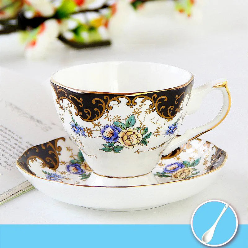 European porcelain coffee cup and saucer set with pastoral style pattern in assorted colours