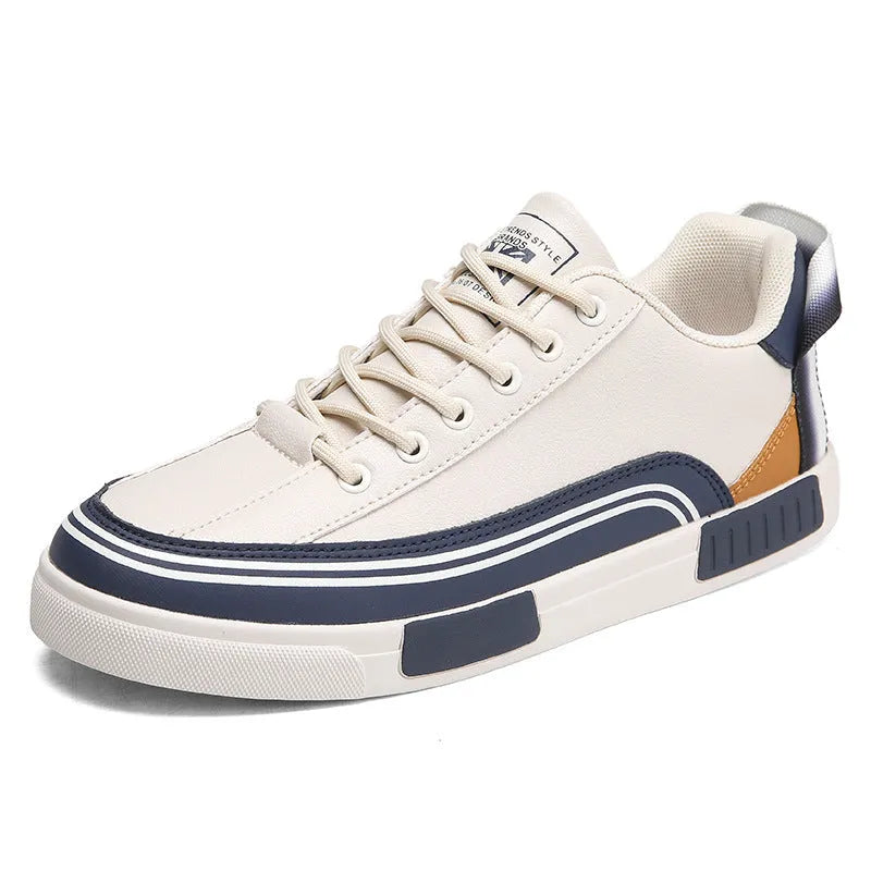 Men's beige, white and green canvas casual shoes with mesh panels and flat heel.