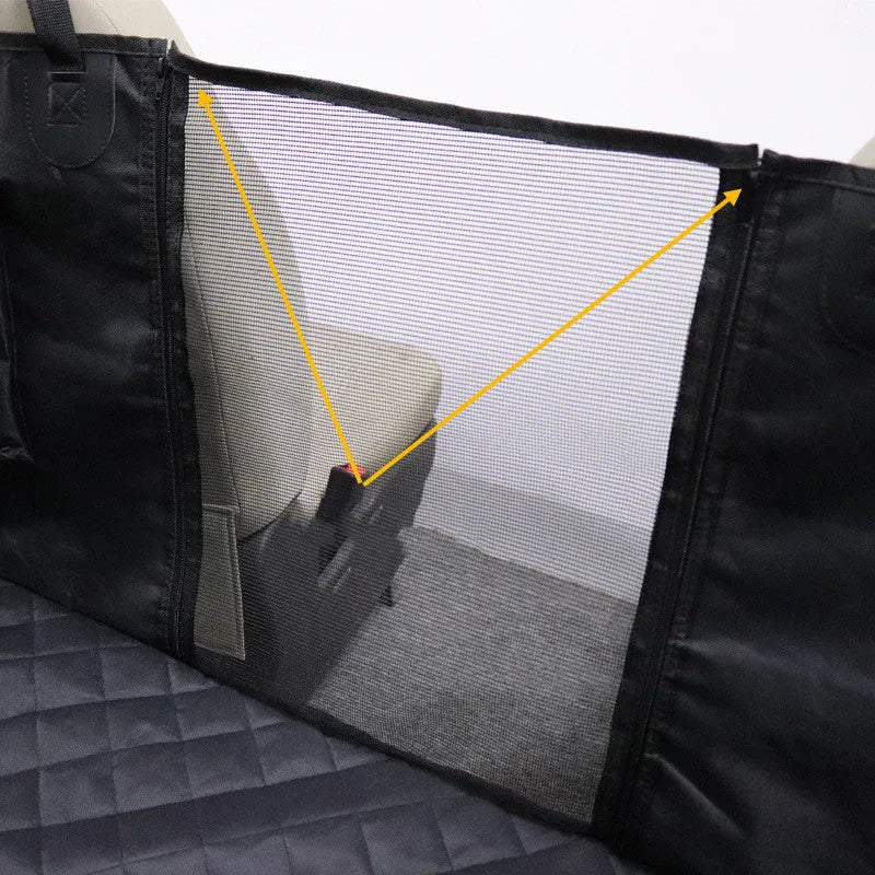 Black rear two-seater car pet mat 137x147cm with central isolation net and 600D Oxford cloth for large dogs