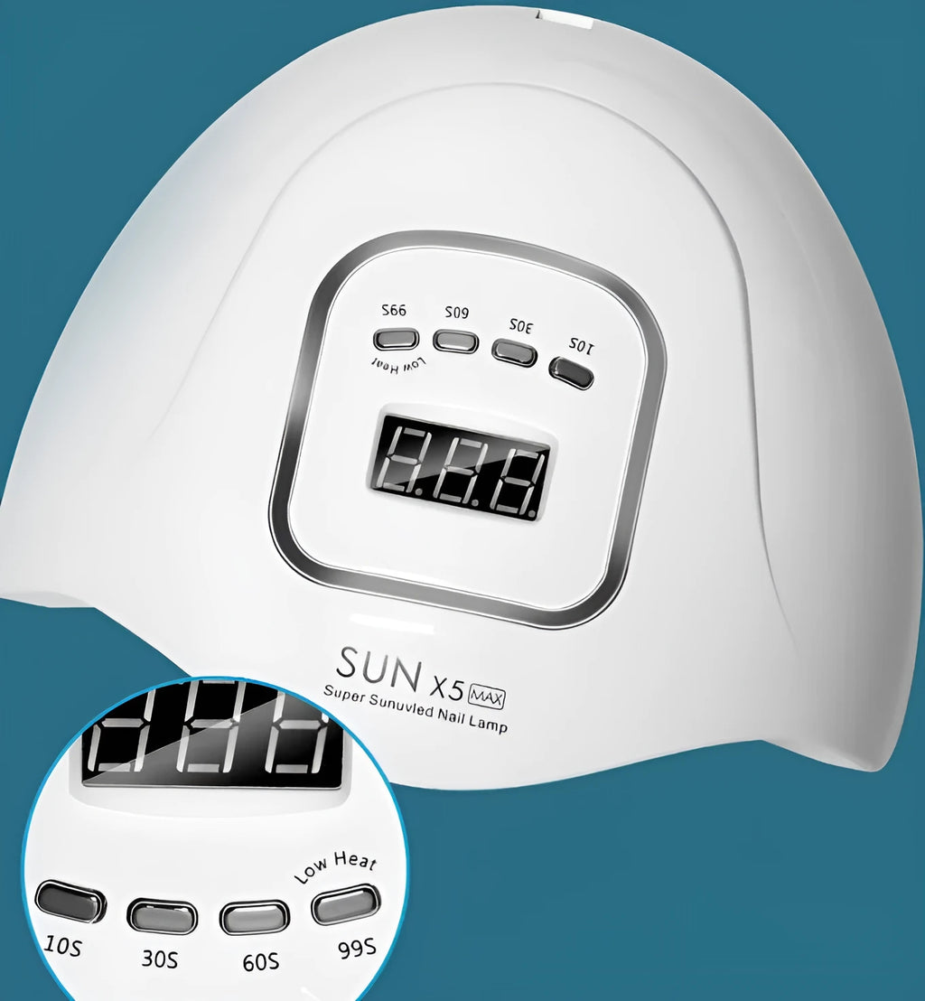 White 120W UV LED gel nail polish dryer lamp with timer display and multiple light settings.