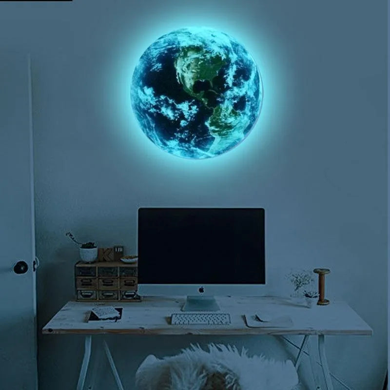 3D Earth wall sticker glowing in dark on bedroom wall, showing luminous planet detail