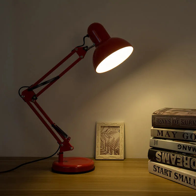 Adjustable long swing arm clip desk lamp in black with iron finish and E27 socket