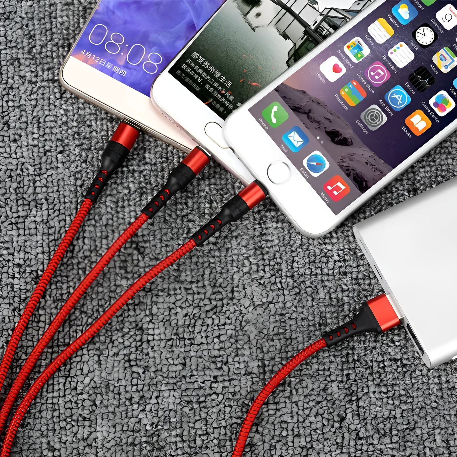 Three-in-one charging cable with nylon braid, aluminium ends, and Android Type-C Apple connectors in red black blue