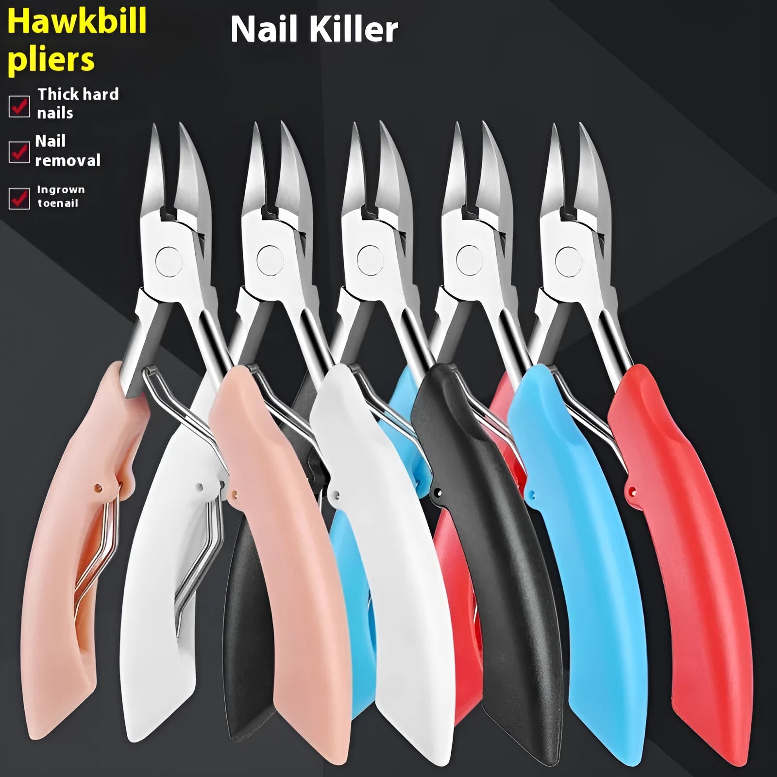 Specialised olecranon nail groove clippers with bevelled blades and a plastic stainless steel handle.