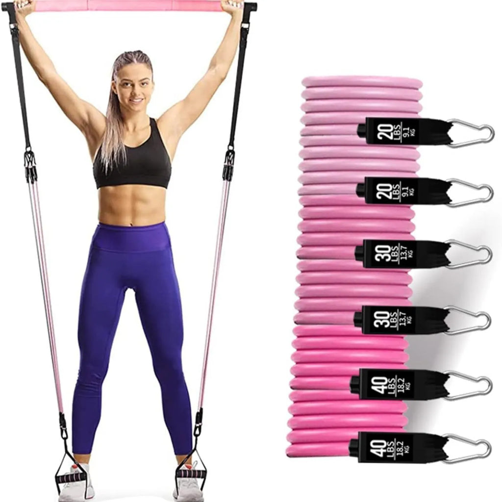 Yoga gymnastic bar with 180 pound resistance band set in black or pink TPE material