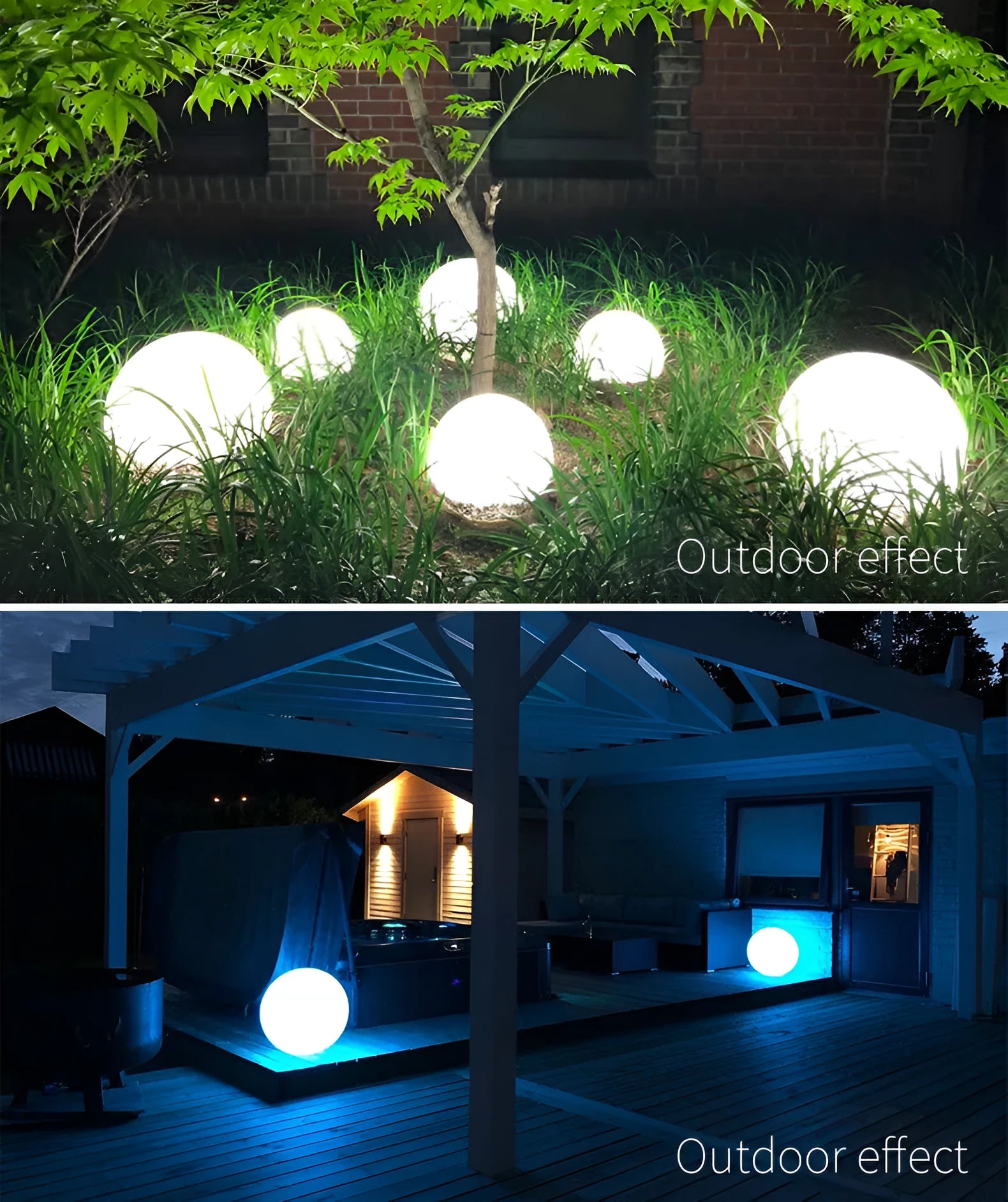 Remote-controlled LED ball lamp floating in a pool, showing multicolour light with IP67 waterproof rating.