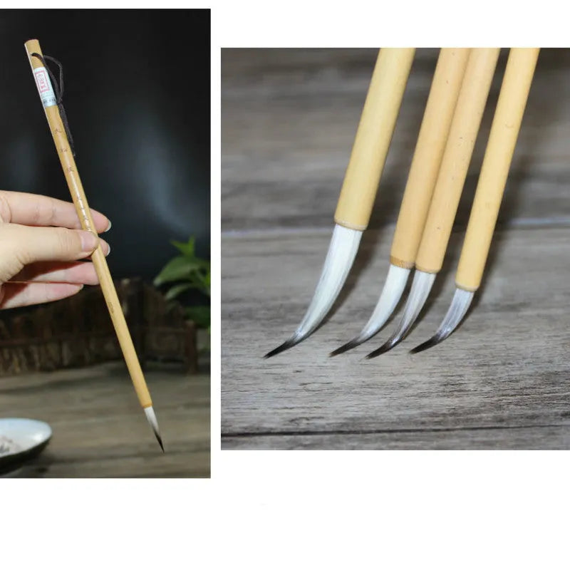 Four gold-body writing brushes with mixed-hair heads in pine branch colour set