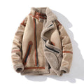 Fleece-lined plus size leather coat with faux fur trim in camel colour, front view