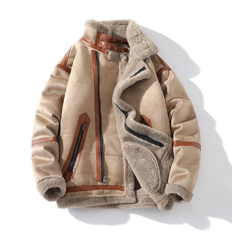 Fleece-lined plus size leather coat with faux fur trim in camel colour, front view