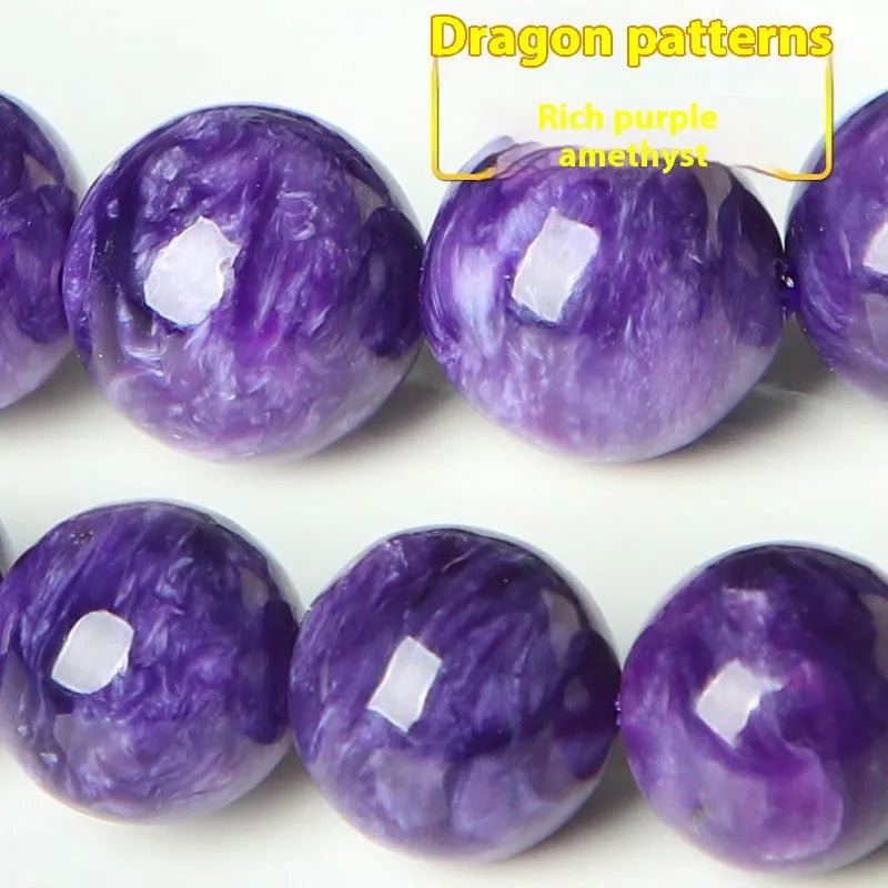 Handmade transparent Charoite crystal bracelet on platinum wire, showing different bead size options.